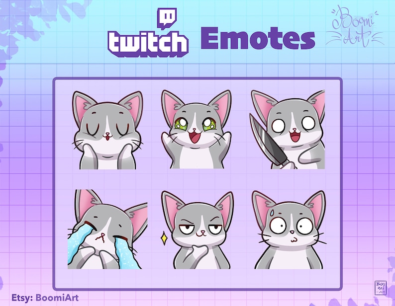 May include: Set of six Twitch emotes featuring a gray and white cat with different expressions, including happy, surprised, and crying. The emotes are designed in a cartoon style and are perfect for use on Twitch.