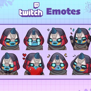 May include: A set of eight Twitch emotes featuring a cartoon character with a blue face, red and white helmet, and different expressions. The emotes include a surprised expression, a crying expression, a happy expression, a celebratory expression, a blushing expression, a surprised expression, a happy expression, and a laughing expression.