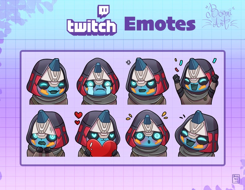 May include: A set of eight Twitch emotes featuring a cartoon character with a blue face, red and white helmet, and different expressions. The emotes include a surprised expression, a crying expression, a happy expression, a celebratory expression, a blushing expression, a surprised expression, a happy expression, and a laughing expression.