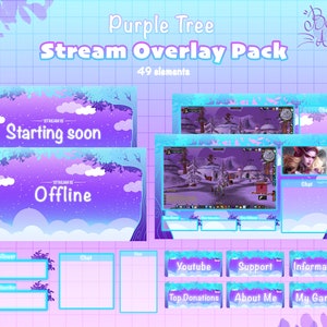 Könnte beinhalten: Lila und blaues Stream-Overlay-Paket mit 49 Elementen. Das Paket enthält die Panels „Bald los“, „Offline“, „Chat“, „Neuer Follower“, „Neuer Abonnent“, „YouTube“, „Support“, „Informationen“, „Top-Spenden“, „Über mich“ und „Meine Spiele“. Das Design zeigt einen lila Baum mit blauen Blättern und weißen Wolken.