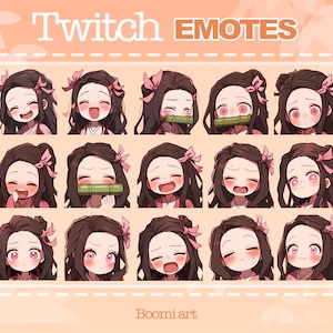 May include: A set of 15 digital Twitch emotes featuring a cartoon character with pink hair and different facial expressions. The emotes are designed in a cute anime style. The text "Twitch Emotes" and "Boomiart" are visible in the image.
