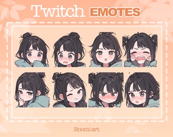 Hoodie Girl Cute Emotes Twitch | Pack 8 | Black Hair Girl Emotes | Twitch Graphics | Anime | Cute Twitch Emotes
