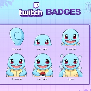 Puede incluir: Insignias de Twitch con un personaje de tortuga azul de dibujos animados en diferentes etapas de crecimiento. Las insignias muestran al personaje a 1 mes, 2 meses, 6 meses, 9 meses y 1 año. Las insignias están diseñadas en un estilo lindo y juguetón.