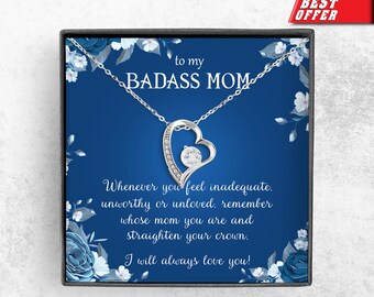 To My Badass Mom Necklace, Heart Necklace with Message Card, Forever Love Necklace, Gift From Son or Daughter, Mother's Day, Anniversary