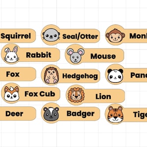 May include: A collection of twelve light tan rectangular labels with rounded ends, each featuring a cartoon animal face and its corresponding name in black text: Squirrel, Seal/Otter, Monkey, Rabbit, Mouse, Fox, Hedgehog, Panda, Fox Cub, Lion, Deer, Badger, and Tiger.