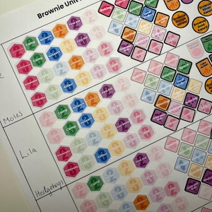 Pode incluir: Uma folha de papel branca com um gráfico intitulado "Brownie Unit Badge Tracker". O gráfico lista vários emblemas e atividades para as Girl Scouts, incluindo "Camp", "Network", "First Aid", "Baking", "Painting", "Aviation", "Space", "Local History", "Charities", "Grow Your Own", "Inventing", "Speaking Out", "Jobs", "Express Myself", "Take Action", "Know Myself", "Be Well", "For My Future", "Brownie Bronze Award", "Brownie Silver Award" e "Brownie Gold Award". O gráfico está cheio de adesivos coloridos que representam os emblemas e as atividades.