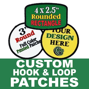 May include: Custom hook and loop patches in various shapes. The image shows a 4 x 2.5 inch rounded rectangle patch, a 3-inch round patch, and a yellow round patch with the text "YOUR DESIGN HERE". The patches are full color printed.