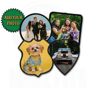 Puede incluir: Un conjunto de parches con diversas imágenes. Uno presenta un perro en pijama, otro una fiesta de bodas y un tercero un grupo de amigos. Los parches tienen diferentes formas, con el texto "ADD YOUR PHOTO" en una estrella verde.