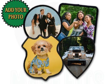 May include: A collection of patches with various images. One patch features a dog in pajamas, another shows a wedding party, and a third displays a group of friends. The patches are in different shapes, with the text "ADD YOUR PHOTO" on a green starburst.
