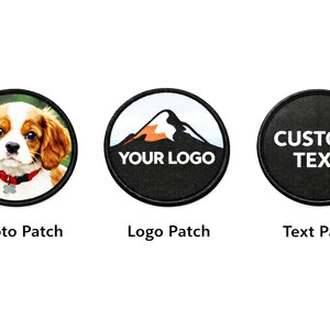 Three custom round iron-on patches showing photo patch, logo patch, and text patch options with black borders on a white background.