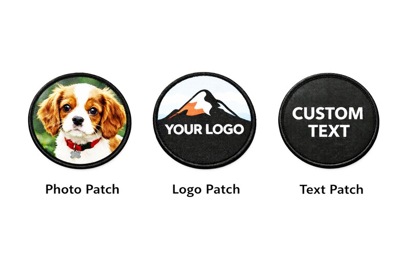 Three custom round iron-on patches showing photo patch, logo patch, and text patch options with black borders on a white background.