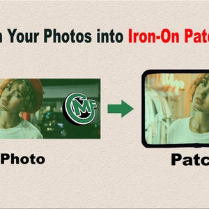 Graphic showing transformation from photo to custom rectangle iron-on patch, with example of a woman’s photo turned into a full-color patch.