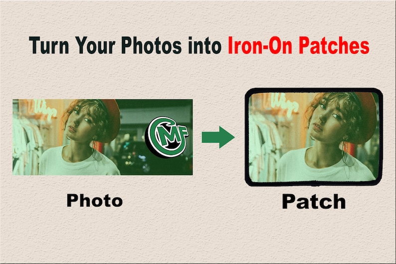 Graphic showing transformation from photo to custom rectangle iron-on patch, with example of a woman’s photo turned into a full-color patch.