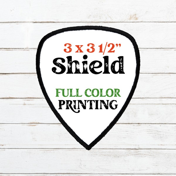 Custom Printed Shield Patches | 3x3.5 Shield Patch with Black Merrowed Border, Personalized Iron-On Patches for hats, bags, jacket, jeans