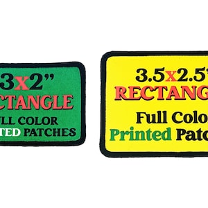 Side-by-side comparison of two full-color custom printed rectangle patches, sizes 3x2" and 3.5x2.5", with bold text and color backgrounds.