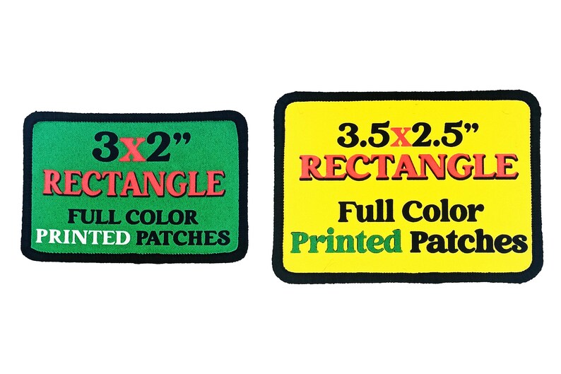 Side-by-side comparison of two full-color custom printed rectangle patches, sizes 3x2" and 3.5x2.5", with bold text and color backgrounds.