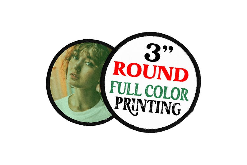 Two overlapping custom round iron-on patches showing a 3-inch full-color printed patch with text and a photo patch example, featuring a black merrowed border for personalized iron-on patches.