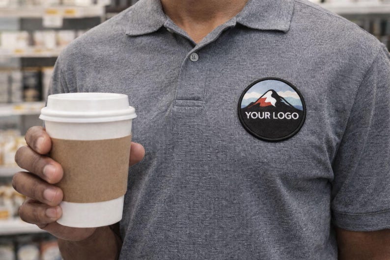 Custom round logo patch applied to a gray work polo shirt, demonstrating professional uniform branding with an iron-on patch.