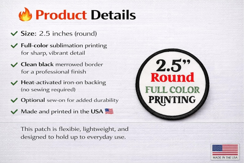 Product details graphic showing a 2.5 inch round custom iron-on patch with full-color sublimation printing, clean black merrowed border, heat-activated backing, optional sew-on durability, and made in the USA badge.