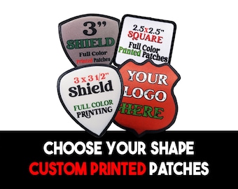 Apliques termocolantes personalizados | Apliques de tecido impressos em cores vibrantes com borda preta - Escolha o formato e o tamanho