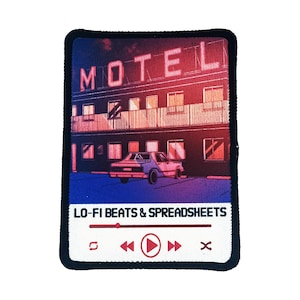 Custom rectangle iron-on patch with detailed motel artwork and “Lo-Fi Beats & Spreadsheets” printed in full color.