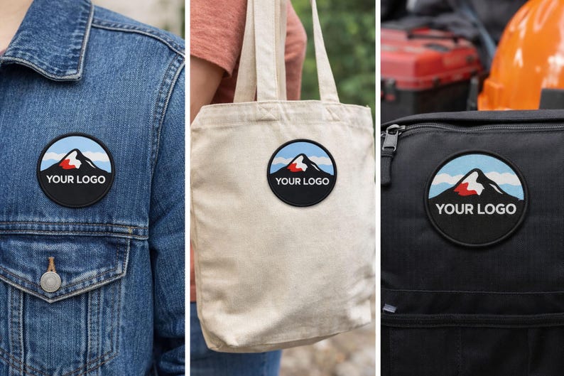 Custom round logo patches displayed on a denim jacket, canvas tote bag, and black backpack to show real-life iron-on patch applications.