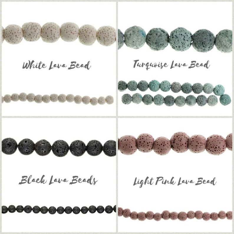 May include: Four rows of lava rock beads in different colors. The top row is white lava beads, the second row is turquoise lava beads, the third row is black lava beads, and the fourth row is light pink lava beads.