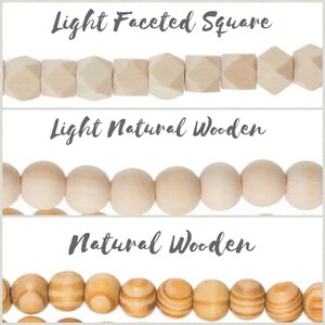 May include: Three rows of wooden beads. The top row is light wood with a faceted square shape. The middle row is light wood with a round shape. The bottom row is natural wood with a round shape and a wood grain pattern.
