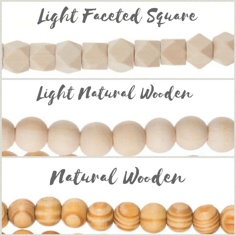May include: Three rows of wooden beads. The top row is light wood with a faceted square shape. The middle row is light wood with a round shape. The bottom row is natural wood with a round shape and a wood grain pattern.