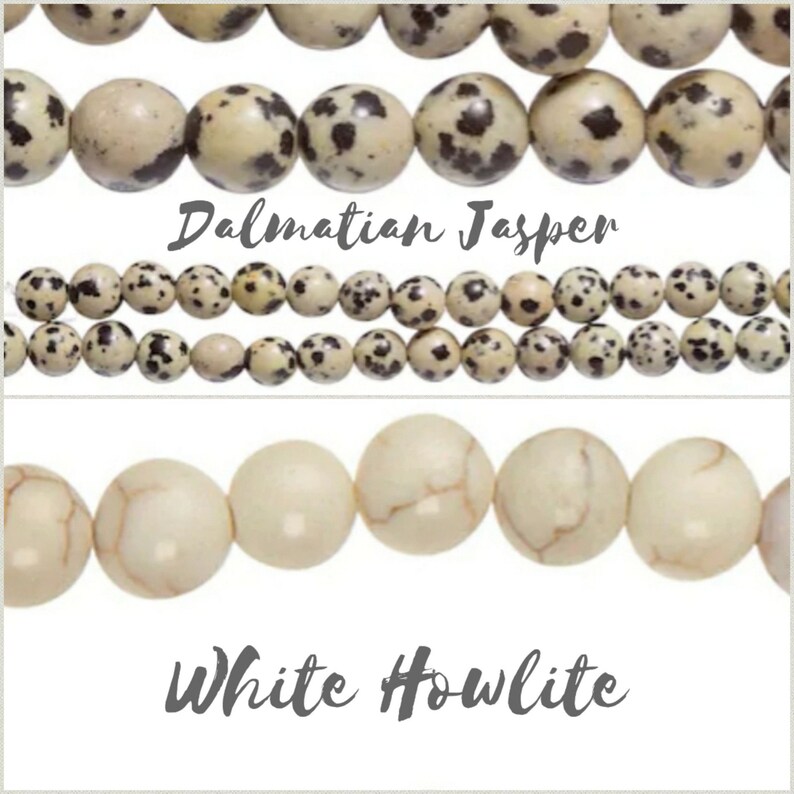 May include: Two strands of white and black Dalmatian Jasper beads and a strand of white Howlite beads. The beads are round and smooth.