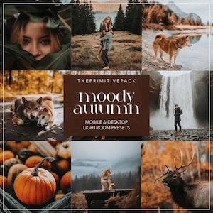 Puede incluir: Un collage de imágenes que muestran los ajustes preestablecidos de Lightroom "Moody Autumn". Las imágenes muestran una pareja en un bosque, un perro en un campo, una cascada, una calabaza, un perro en una plataforma de madera y un ciervo en un bosque. El texto "THE PRIMITIVE PACK" y "Moody autumn" se muestra en un rectángulo marrón.