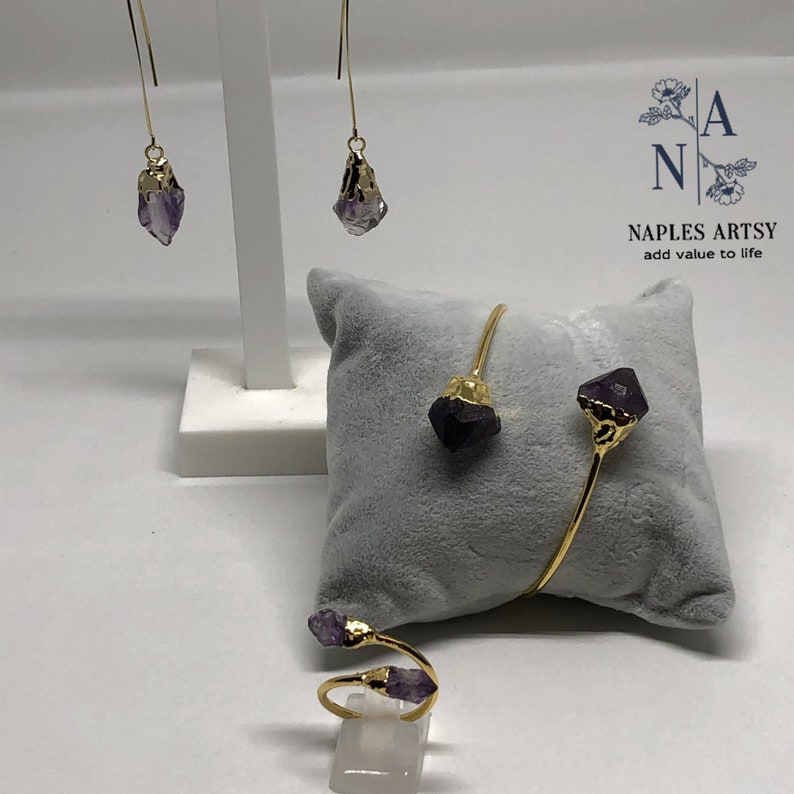 24k Gold Plated Amethyst Bracelet,Ring and Earring,Agate Stone Gift for her Beautiful Bangle Set of 3 S3
