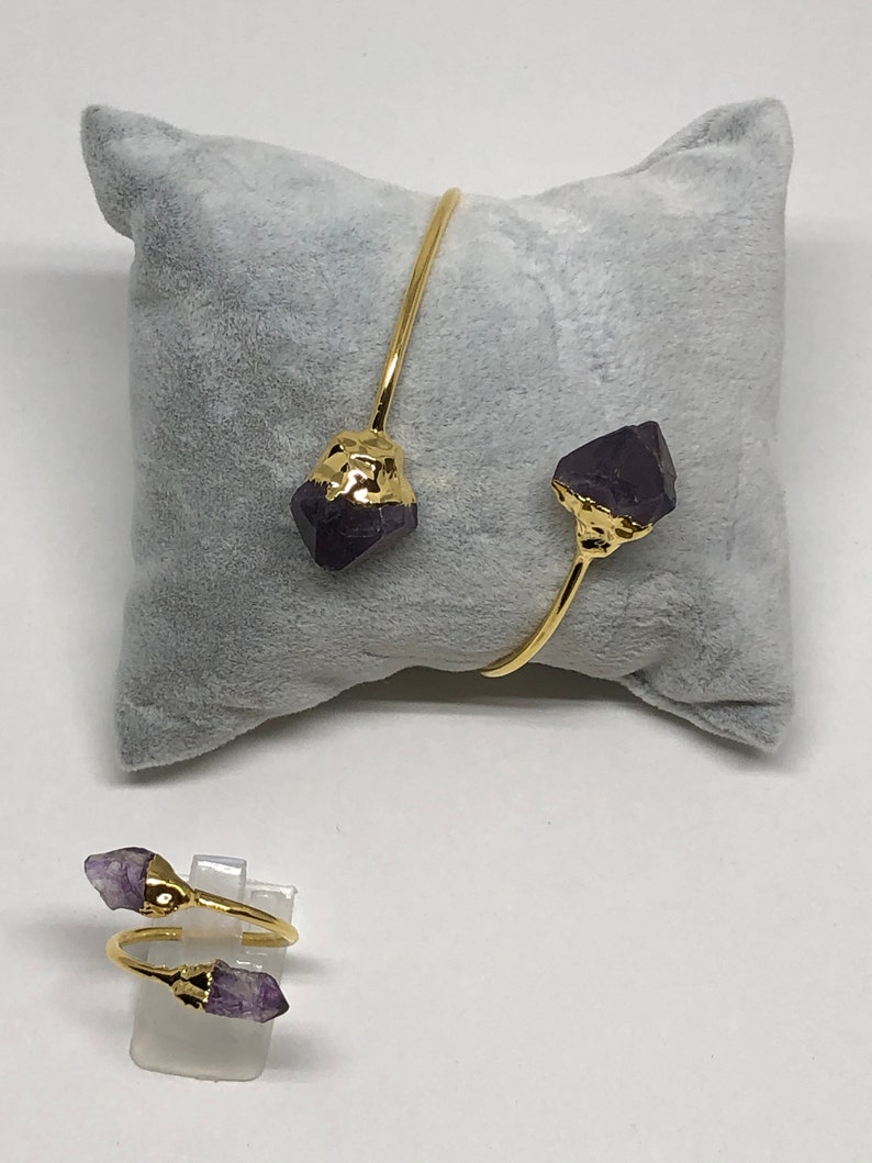 24k Gold Plated Amethyst Bracelet,Ring and Earring,Agate Stone Gift for her Beautiful Bangle Set of 3 S3
