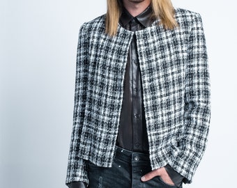 Handmade men's jacket made of high-quality tweed with a black and white check pattern