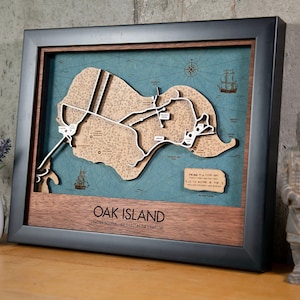 Oak Island 3D-houten kaart blauw water muurkunst aanpasbaar