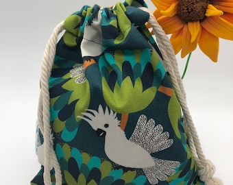 Cockatoos on Green, reusable fabric gift bags, gifting bags, handmade Australian gift bags, fabric drawstring bags, Australian birds, flora