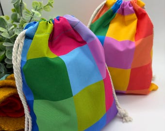 Merry Check, reusable fabric gift bags, gifting bags, handmade Australian gift bags, fabric drawstring bags, squares, set