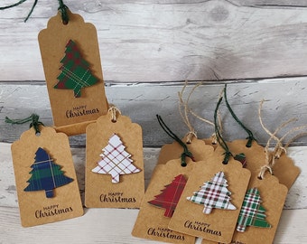 Pack of 10 Handmade Tartan Plaid Vintage Christmas Tree Kraft Gift Tags for Presents