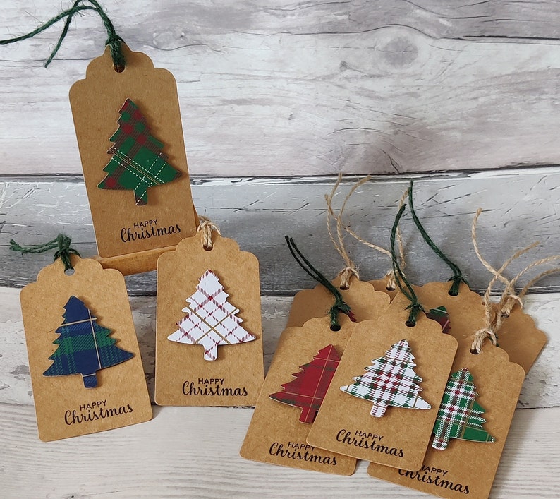 10er Pack Handgemachte Tartan Karierte Vintage Weihnachtsbaum Kraft Geschenkanhänger für Geschenke Bild 1