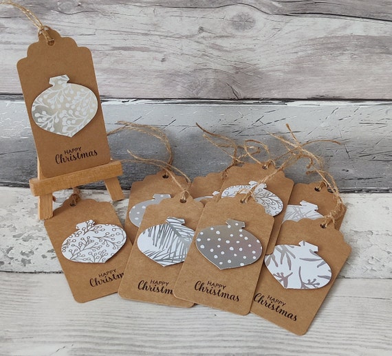 Pack of 10 Handmade Patterned Silver & White Christmas Bauble Ornament  Kraft Gift Tags for Presents 