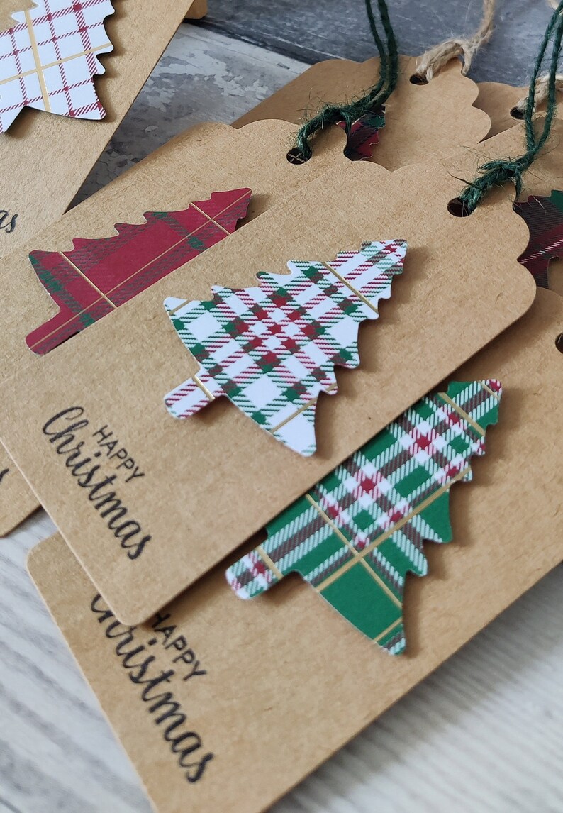 10er Pack Handgemachte Tartan Karierte Vintage Weihnachtsbaum Kraft Geschenkanhänger für Geschenke Bild 2