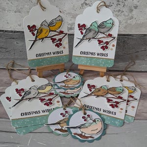 Paquet de 10 étiquettes cadeaux de qualité supérieure, estampées à la main, oiseaux de Noël hivernaux dans une pochette pour coffret cadeau
