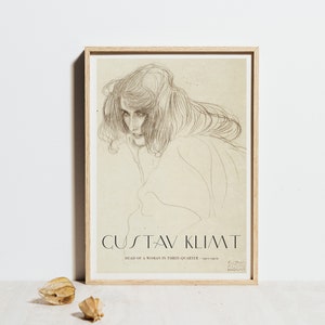 Gustav Klimt Print, Frauenkopf in Dreiviertel Poster, Sketch Line Art Zeichnung, schwarz weiß minimalistische Wandkunst, Vintage Fine Art Decor
