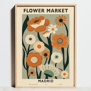 Blumenmarkt Druck, Madrid Poster, Blumen Wand Kunst, Moderne Salbei Grün Orange Abstrakte Blumen, Frühling Sommer Wohn Dekor, Geburtstagsgeschenk