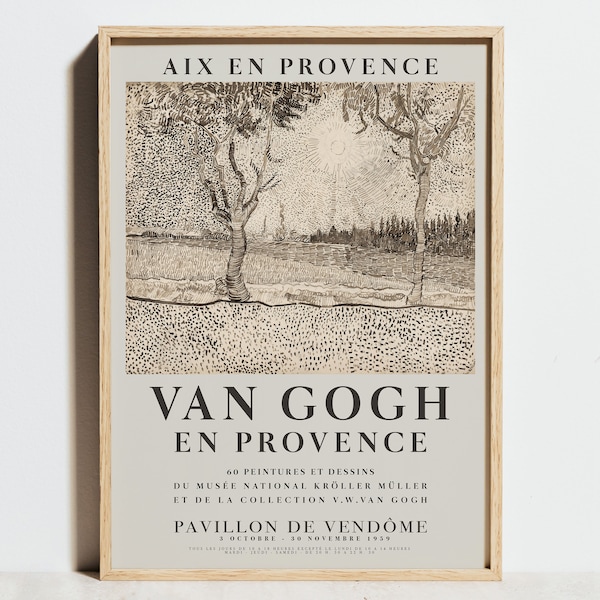 Van Gogh Print, Ausstellung Poster, Vintage Beige Schwarz Weiß Wandkunst, Baum Natur Stift Zeichnung Skizze Impressionismus Dekor, Geburtstag Geschenkidee