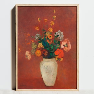 Estampado Odilon Redon, Arte floral vintage de la pared, Ramo en jarrón chino, Pintura impresionista, Decoración verde roja, Póster de flores, Regalo de Navidad