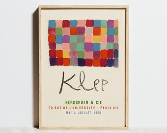 May include: A vintage poster featuring a colorful abstract painting by Paul Klee. The poster is titled "Klee" and includes the text "Berggruen & Cie 70 Rue de l'Universite - Paris VII Mai a Juillet 1955".