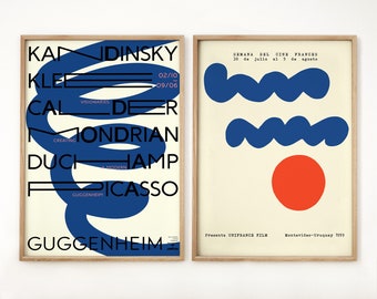 Bauhaus Print, Set of 2 Pieces Gallery Wall Art, Geometric Abstract Blue Decor, Minimal Exhibition Poster, Mid Century Modern, Gift for Him