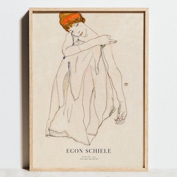 Egon Schiele Print, Dancer Exhibition Poster, Orange Beige vintage Wall Decor, Modern Abstract Female Sketch Boho Line Art, Girl Gift Idea