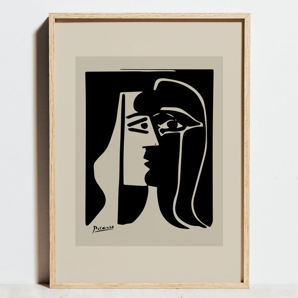 Pablo Picasso Druck, Schwarz Weiß Beige Wand Kunst Ausstellung Poster, Frau Gesicht Lithographie, Modernes Minimalistisches Abstraktes Dekor, Geschenk Idee